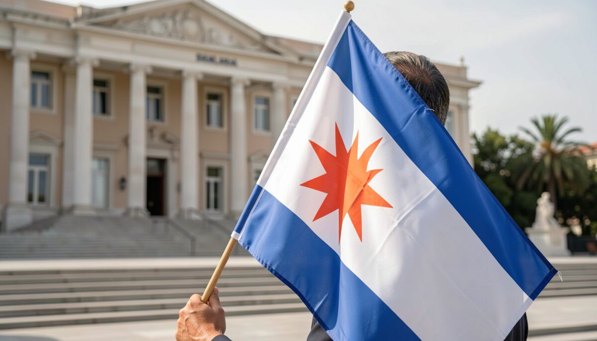 A person holding a Cypriot flag, with a government building in the background.