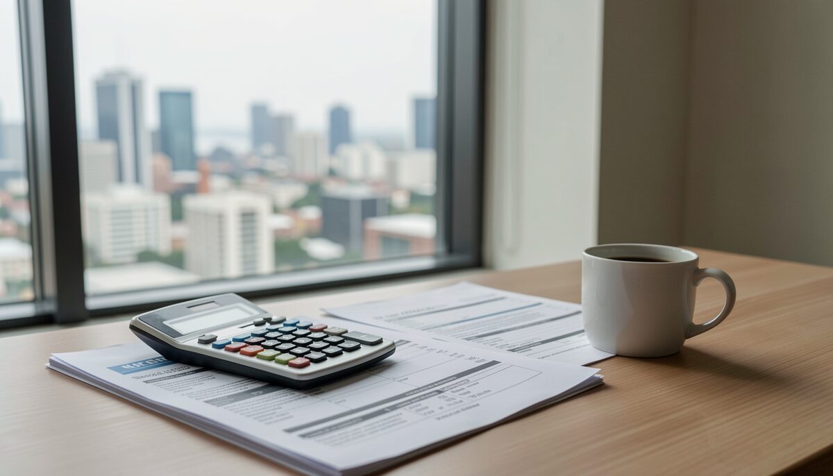 A calculator, tax forms, and a cup of coffee on a desk, with a window showing a cityscape.