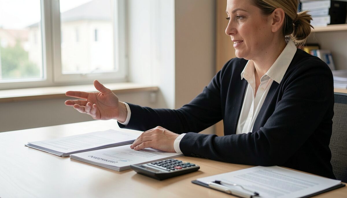 A person discussing mortgage options with a bank advisor, with a calculator and documents on the table.