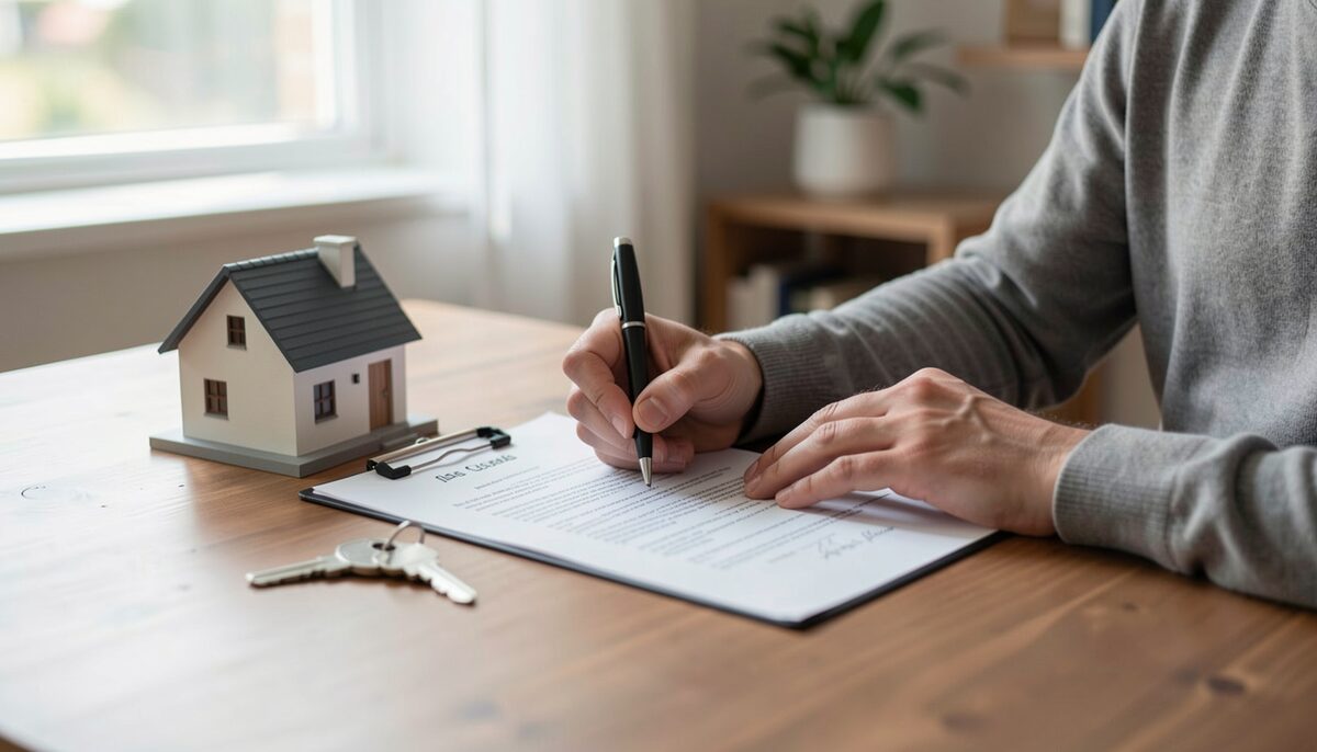A person signing a property contract at a table, with a house key and a small model house nearby.