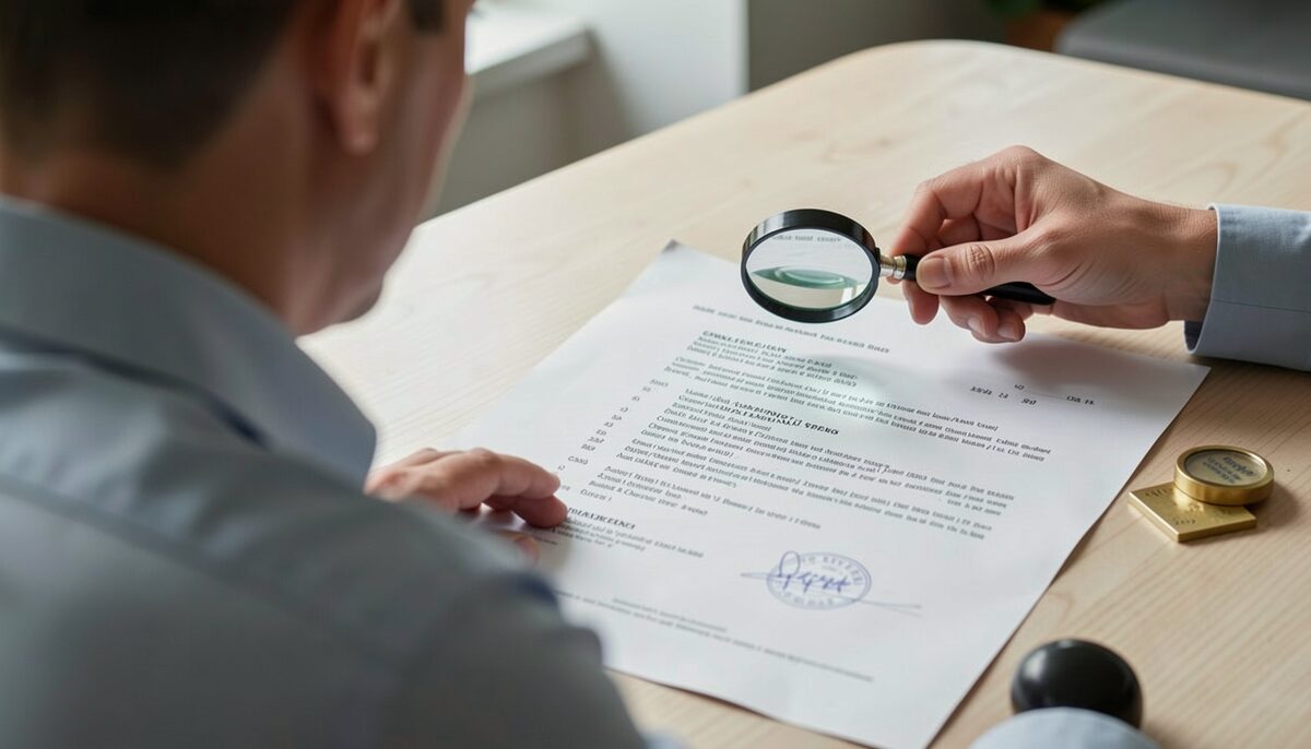 A person examining a title deed document, with a magnifying glass and a stamp.