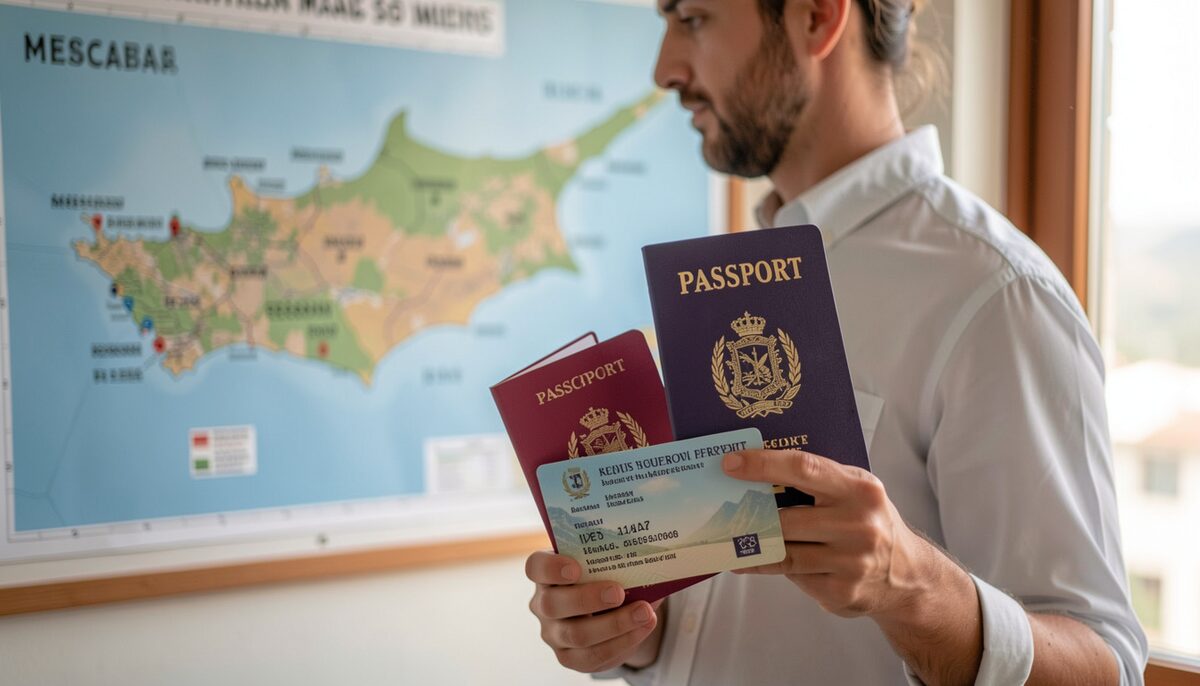 A person holding a passport and a residency permit card, with a map of Cyprus in the background.