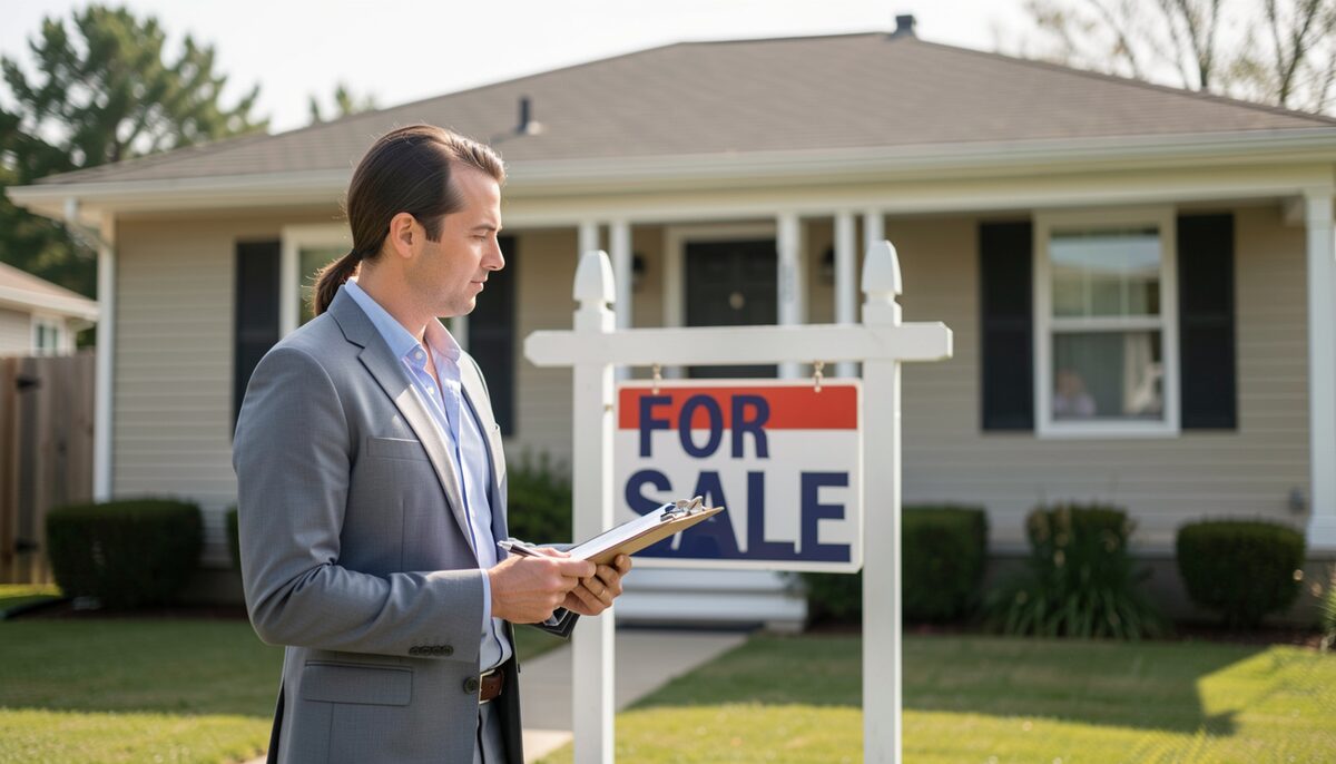A real estate agent placing a for sale sign in front of a house, with a clipboard.