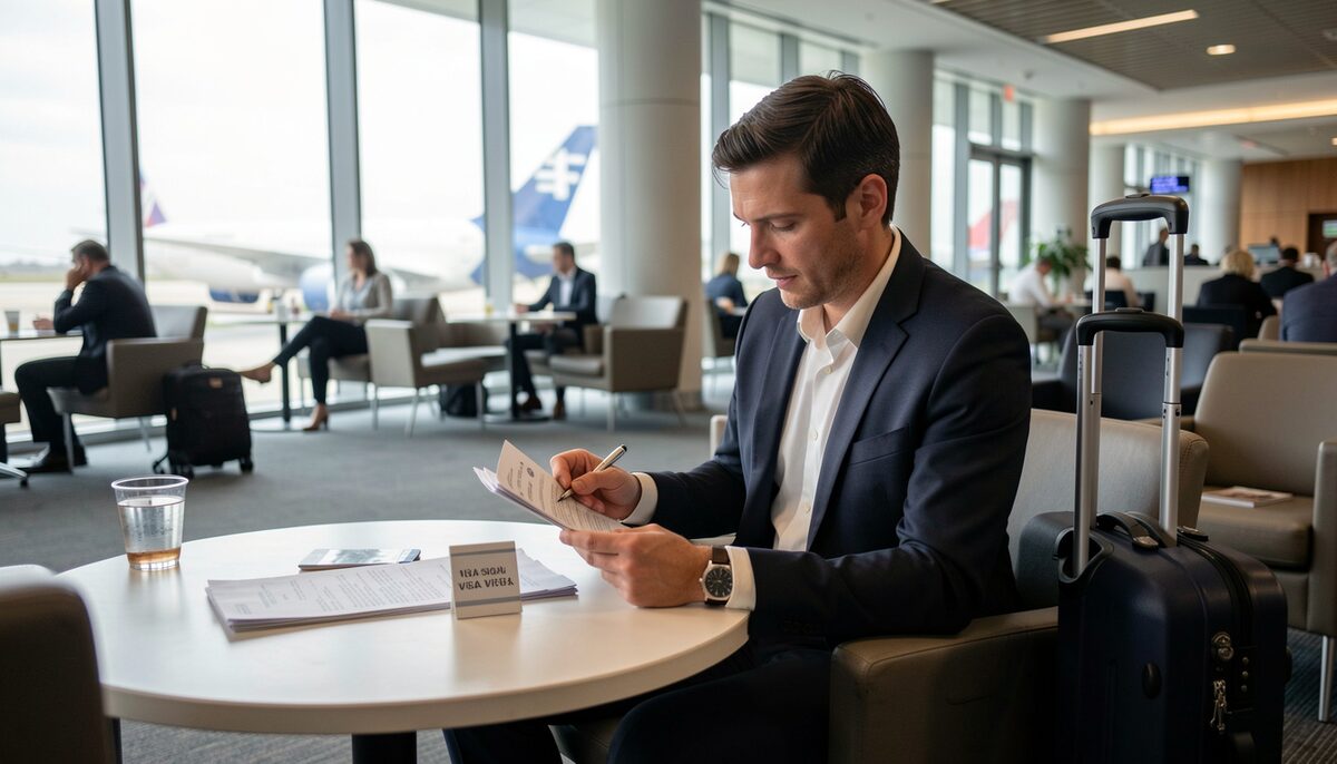 A businessperson reviewing visa documents at an airport lounge, with a suitcase nearby.